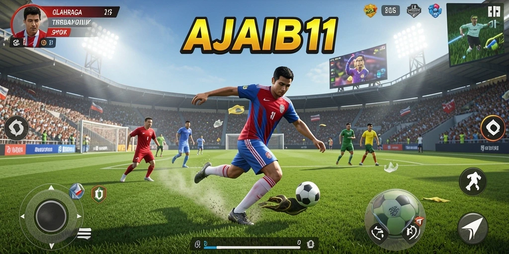 Tangkapan layar gameplay AJAIB11 yang menunjukkan pertandingan olahraga mendebarkan.