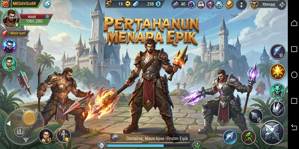 Screenshot gameplay menunjukkan menara dan musuh yang intens dalam MEGAVISA88.