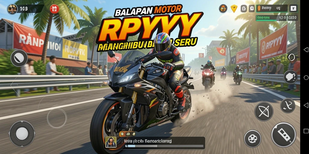 Screenshot gameplay RPYYY menampilkan aksi balapan motor yang mendebarkan.