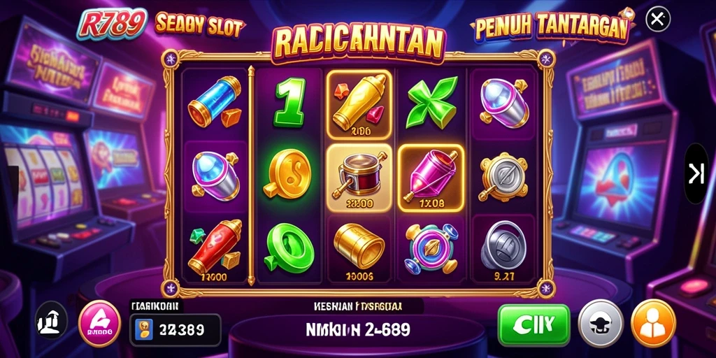 Screenshot gameplay RR789 menampilkan berbagai gulungan dan simbol menarik.