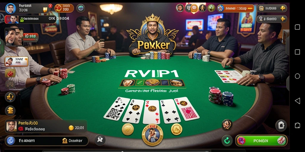 Screenshot utama RVIP1 menampilkan gameplay Poker yang intens dan seru.